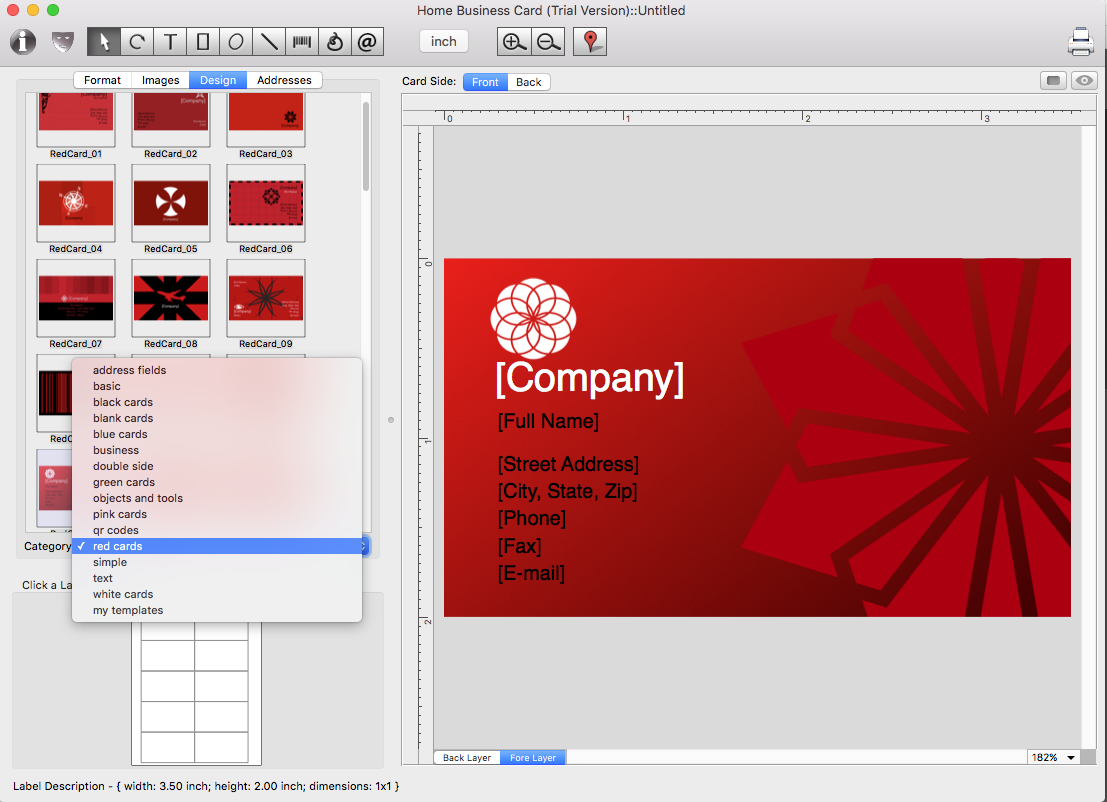 Mac Business Card designer screen shot.